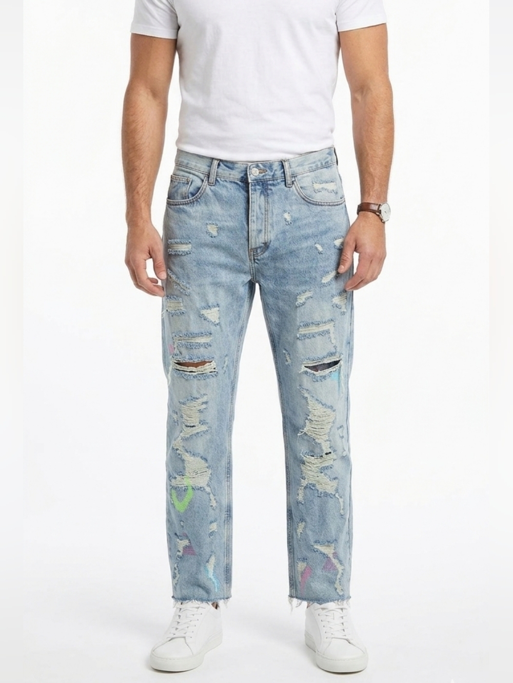 mnml Light Blue Button Fly Distressed Destroyed Men’s Jeans Size 38